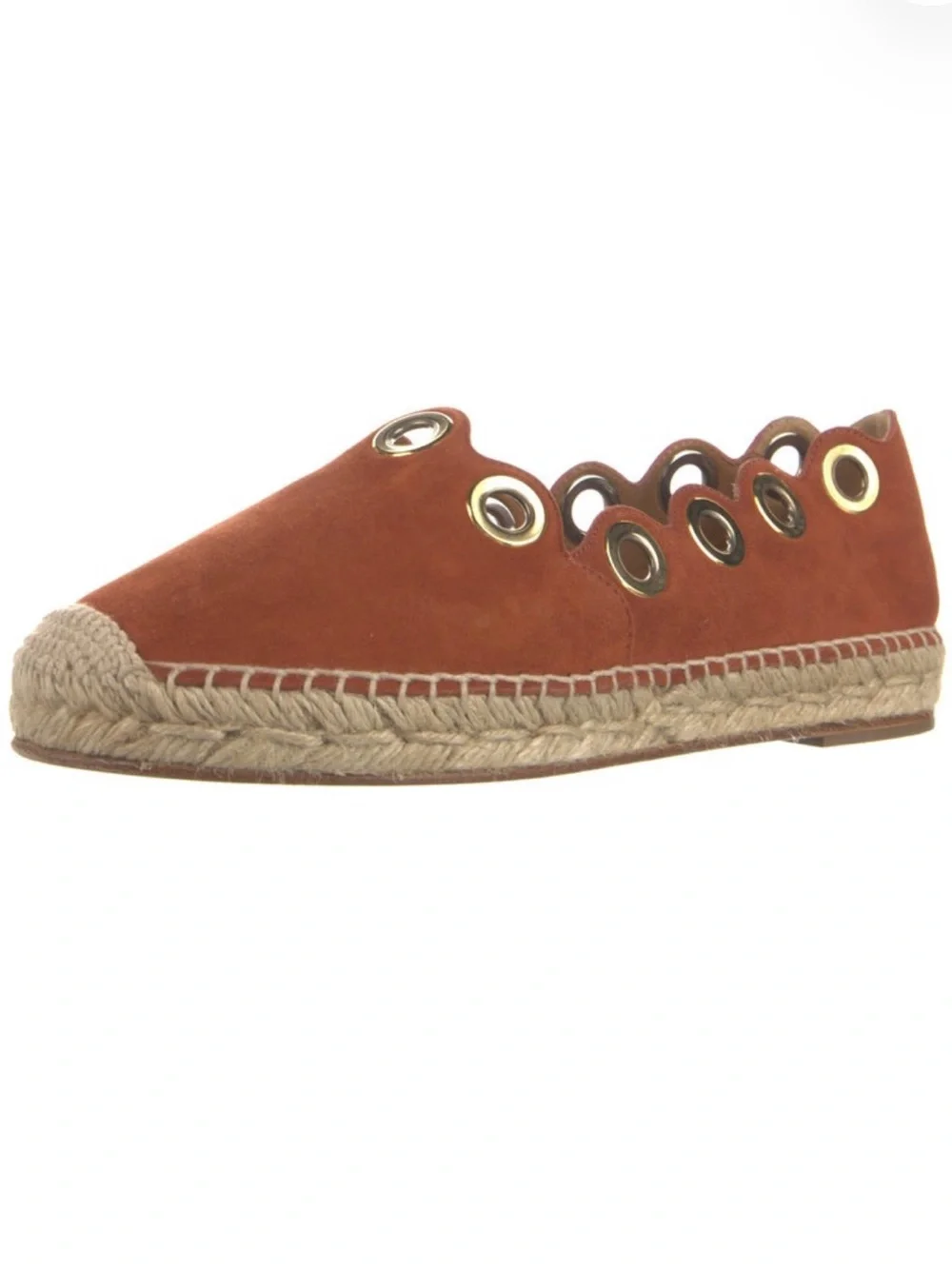 Chloe Rust Suede Scalloped Espadrille with Gold Eyelets